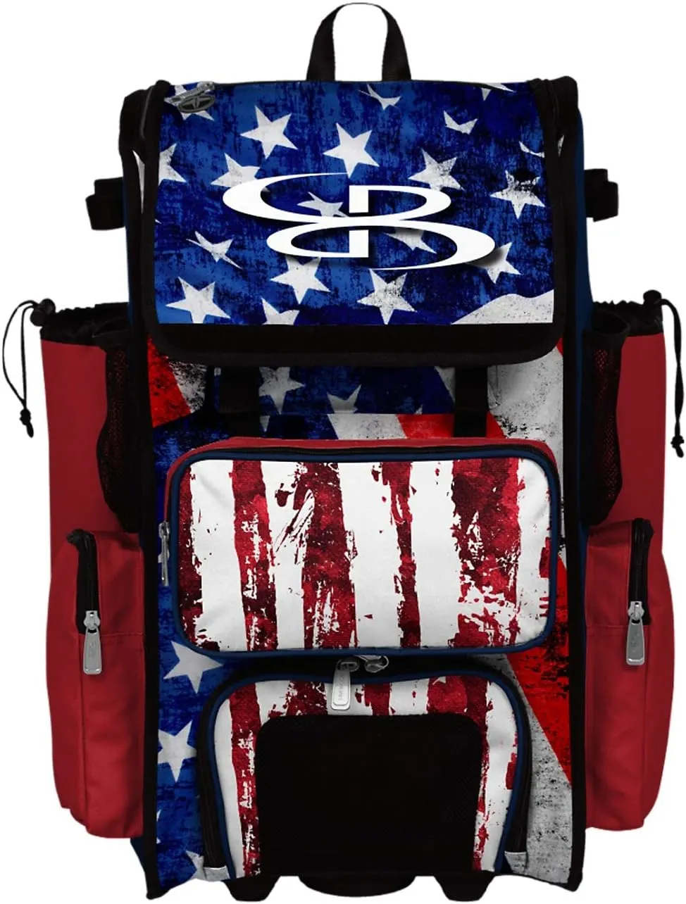 Boombah Rolling Superpack 2.0 Baseball/Softball Gear Bag - 23-1/2" x 13-1/2" x 9-1/2" - USA Stars & Stripes Navy/Red/White - Telescopic Handle - Holds 4 Bats - Wheeled Version