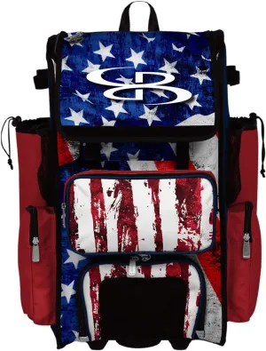 Boombah Rolling Superpack 2.0 Baseball/Softball Gear Bag - 23-1/2" x 13-1/2" x 9-1/2" - USA Stars & Stripes Navy/Red/White - Telescopic Handle - Holds 4 Bats - Wheeled Version