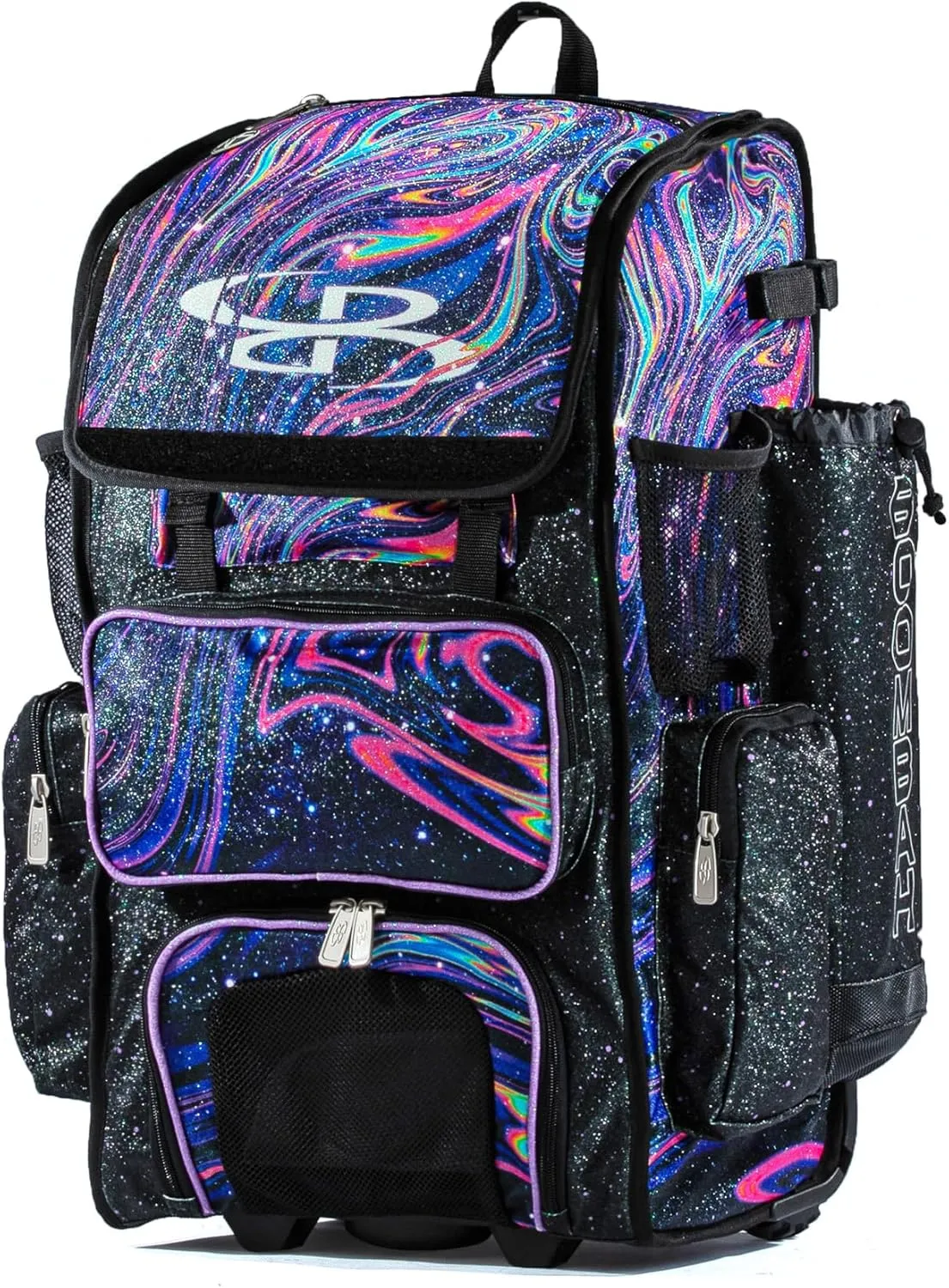 Boombah Rolling Superpack Baseball/Softball Gear Bag - 23-1/2" x 13-1/2" x 9-1/2" - Telescopic Handle - Holds 4 Bats - Wheeled Version - Supernova Glitter Black/Amethyst Orchid/White