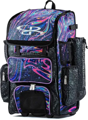 Boombah Rolling Superpack Baseball/Softball Gear Bag - 23-1/2" x 13-1/2" x 9-1/2" - Telescopic Handle - Holds 4 Bats - Wheeled Version - Supernova Glitter Black/Amethyst Orchid/White