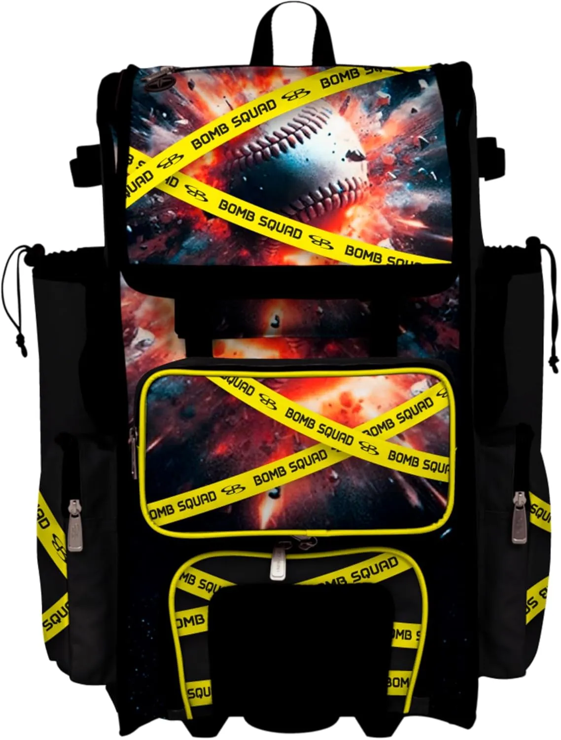 Boombah Rolling Superpack Baseball/Softball Gear Bag - Telescopic Handle - Holds 4 Bats - Wheeled Version - Baseball Bomb Squad Black/Yellow/White