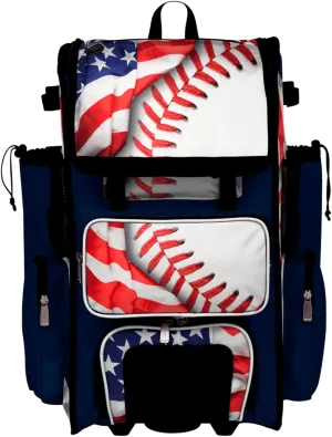 Boombah Rolling Superpack Baseball/Softball Gear Bag - Telescopic Handle - Holds 4 Bats - Wheeled Version - USA Baseball Game Time Navy/Red/White