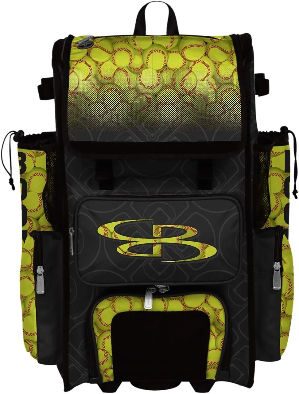 Boombah Superpack Hybrid Rolling Bat Bag - Softball Black/Optic Yellow/Red - Wheeled & Backpack Version