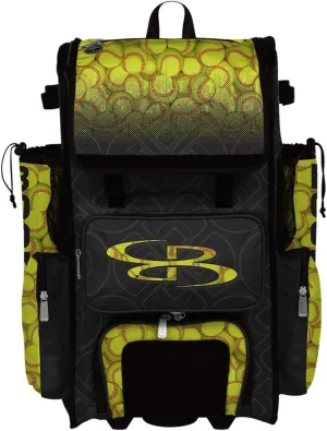 Boombah Superpack Hybrid Rolling Bat Bag - Softball Black/Optic Yellow/Red - Wheeled & Backpack Version