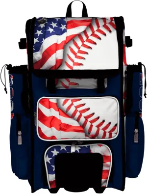 Boombah Superpack Hybrid Rolling Bat Bag - Wheeled & Backpack Version - USA Baseball Game Time Navy/Red/White
