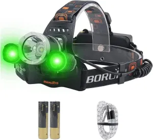 BORUIT RJ-3000 LED Rechargeable Headlamp with Green Light,Super Bright White Green Light Hunting Headlight,3 Mode Waterproof Tactical Head Lamp for Hunting Running Camping Hiking Fishing