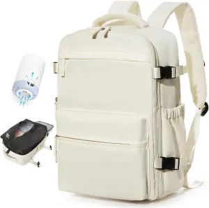 BOXSAM Small Vacuum Travel Backpack with Pump for Women,Airback Personal Item Carry on Backpacks Flight Approved 18x14x8 inches for Men,Laptop Waterproof Work Compression bags Casual Daypack,Beige