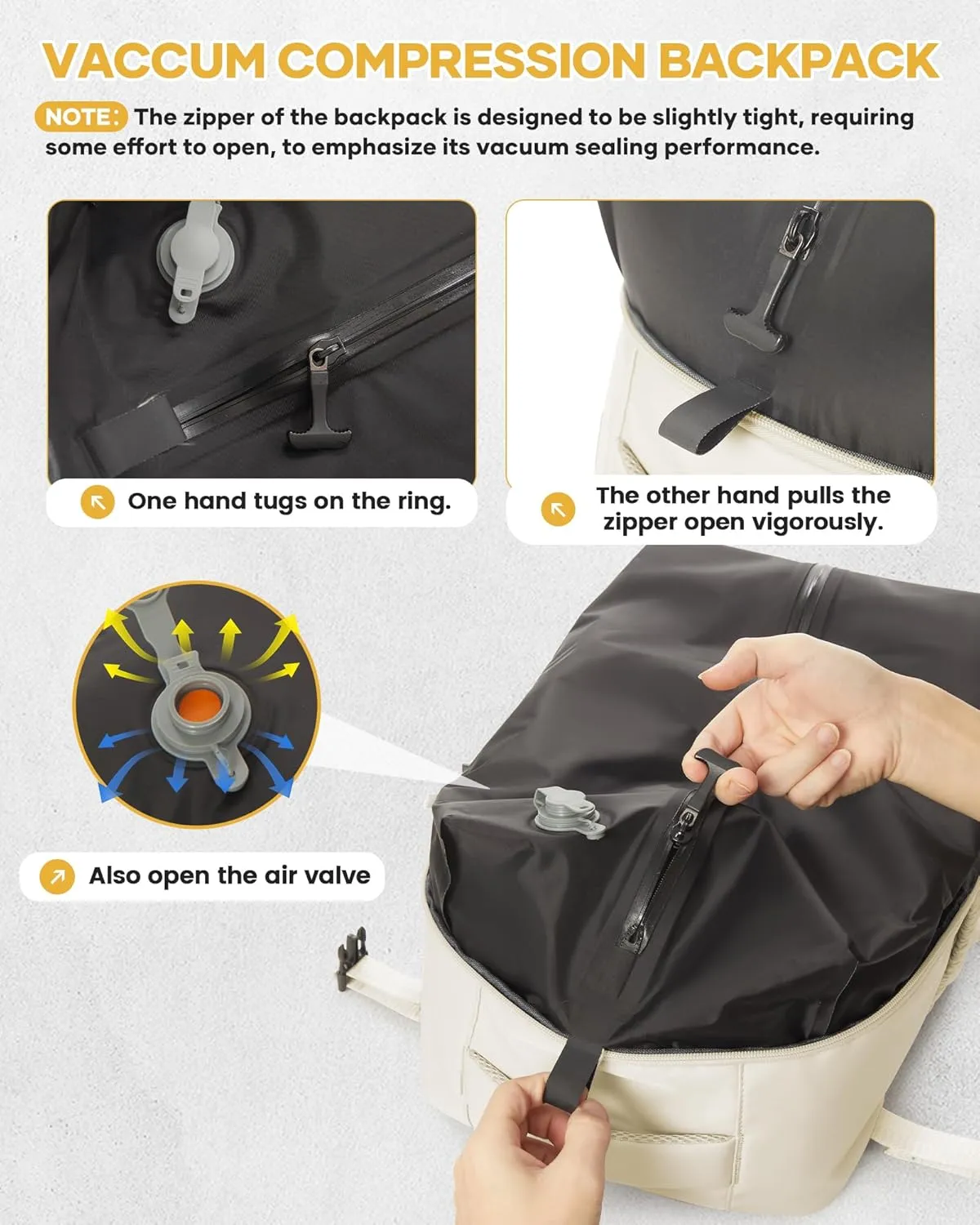 BOXSAM Small Vacuum Travel Backpack with Pump for Women,Airback Personal Item Carry on Backpacks Flight Approved 18x14x8 inches for Men,Laptop Waterproof Work Compression bags Casual Daypack,Beige