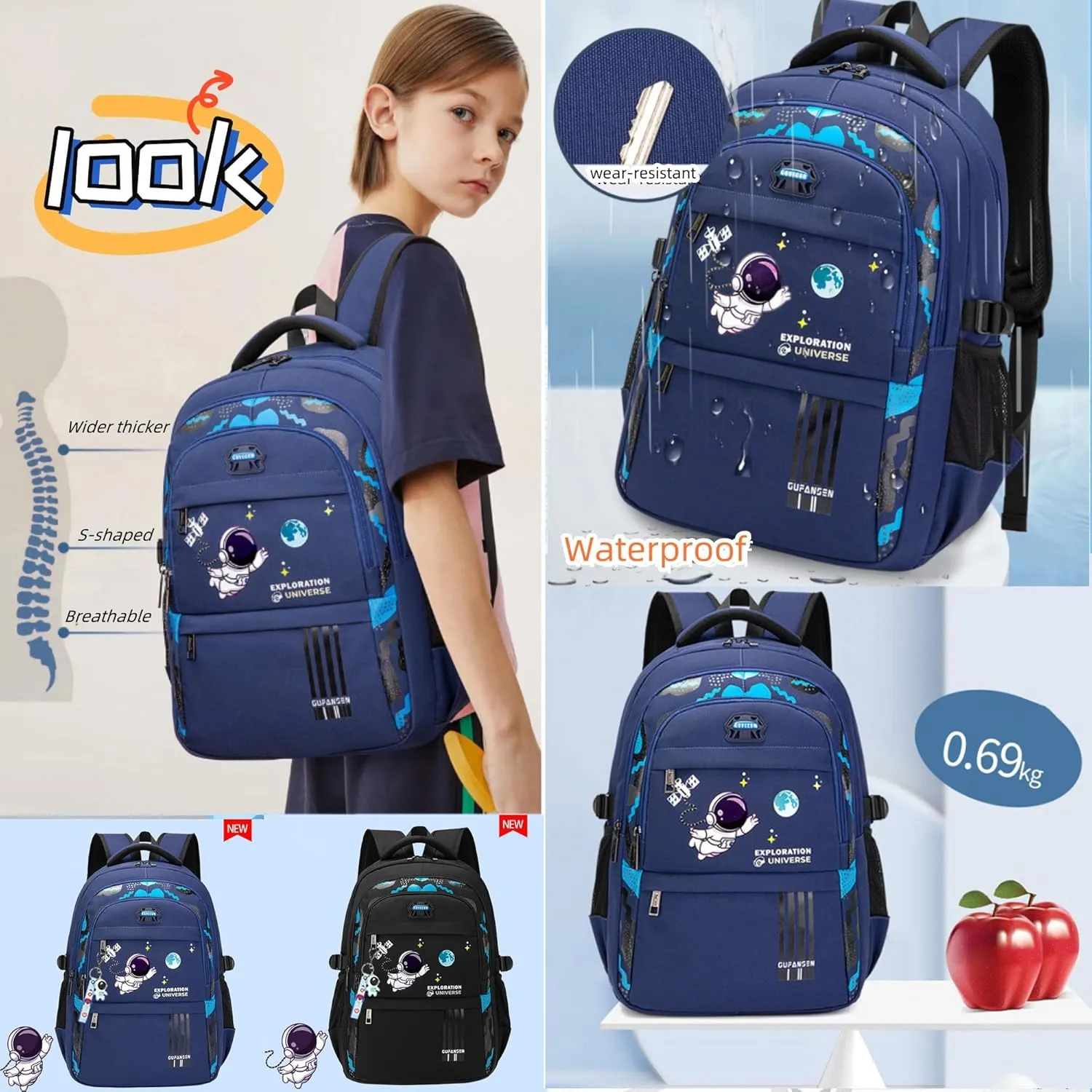 Boys Backpack Astronaut Sports Kids Backpack Space Schoolbag for Girls&Boys Elementary Student Bookbag