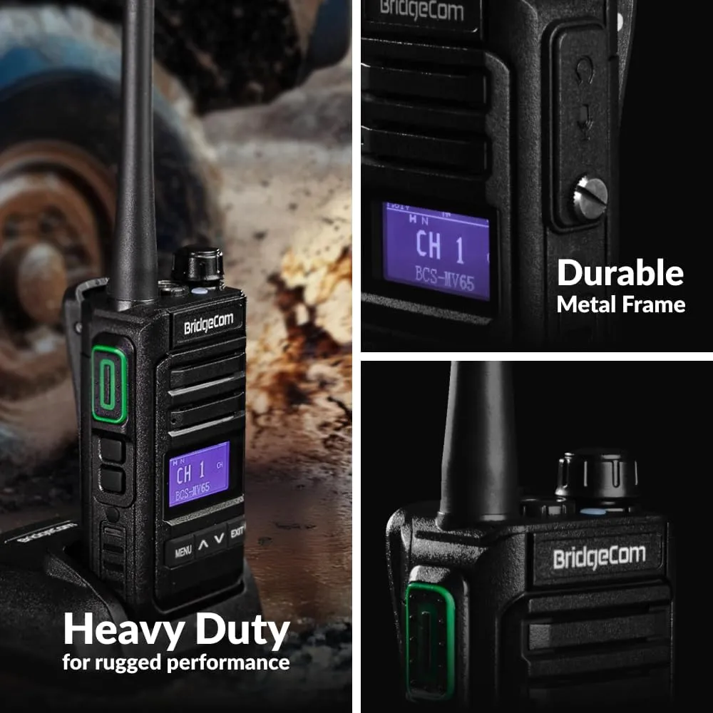 BridgeCom MV-65 Rugged Waterproof Heavy Duty Metal-Frame Walkie Talkie, VHF Long Range, Rechargable Long Lasting Battery, Crisp Clear Audio, Construction, School, Business, Retail, Hunting, Outdoor