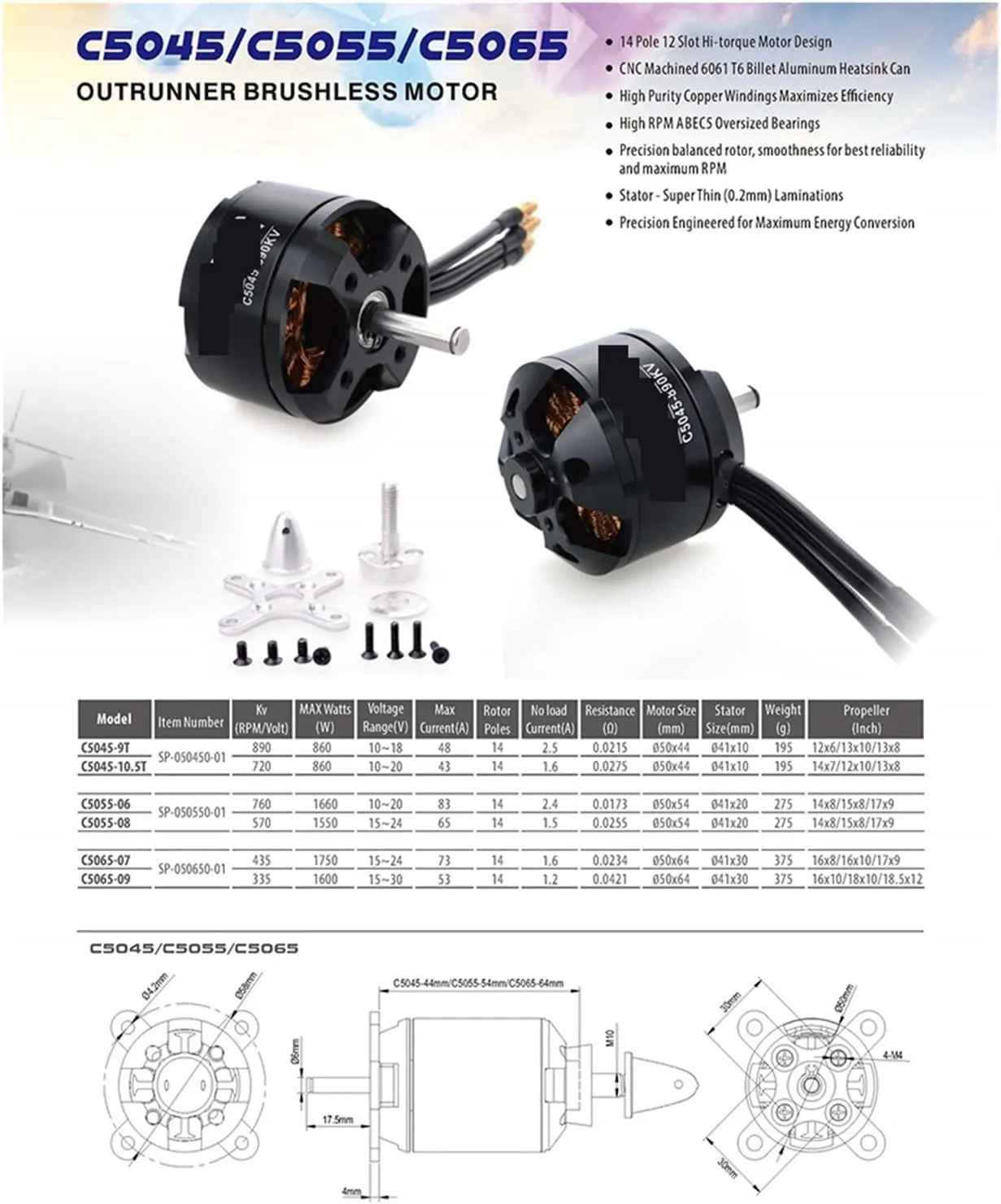 Brushless Motor C4250 C4260 C5045 C5055 C5065 14Pole with Acc for UAV Aircraft Multicopters RC Plane Helicopter(C4260 500KV)