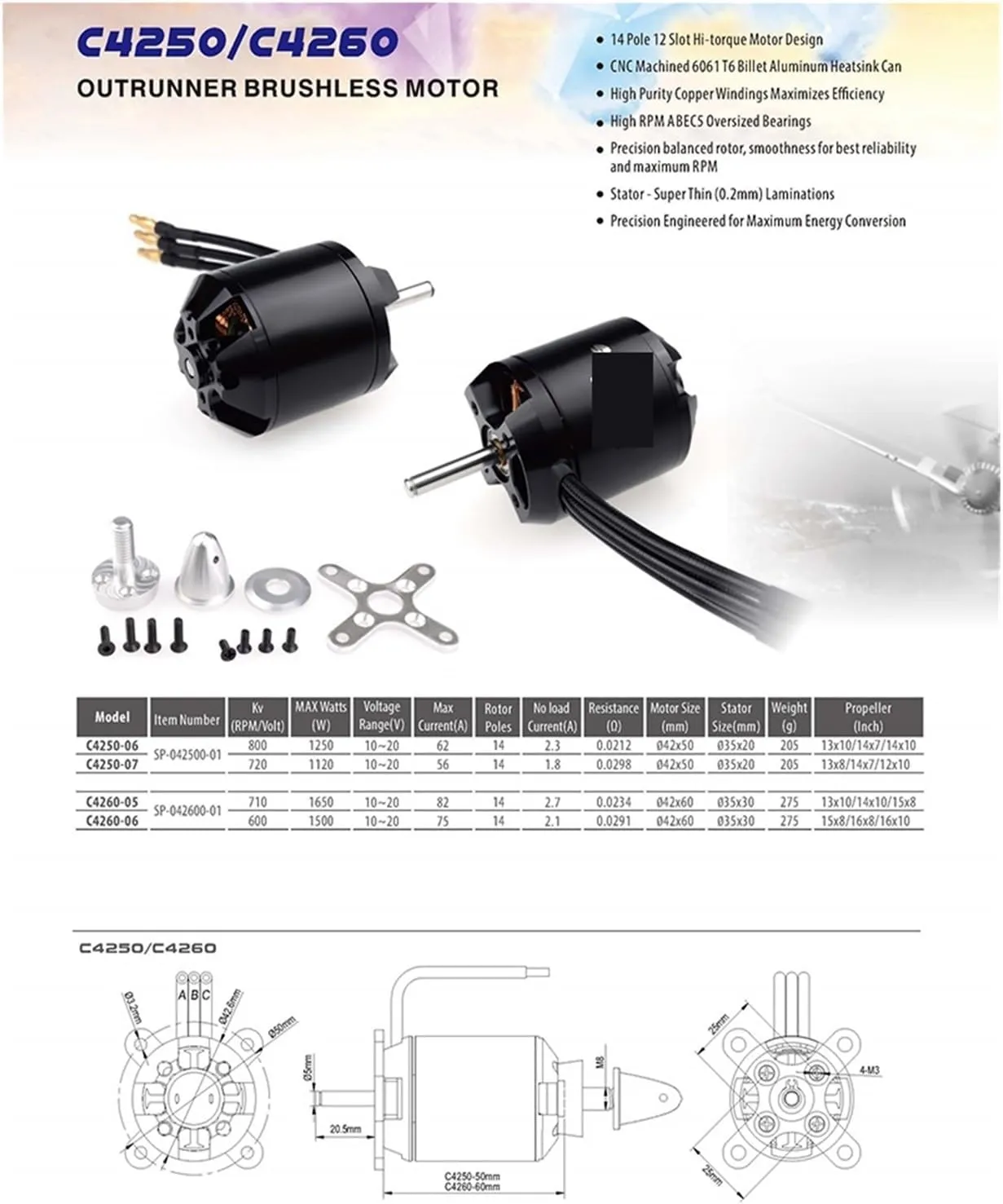 Brushless Motor C4250 C4260 C5045 C5055 C5065 14Pole with Acc for UAV Aircraft Multicopters RC Plane Helicopter(C4260 500KV)