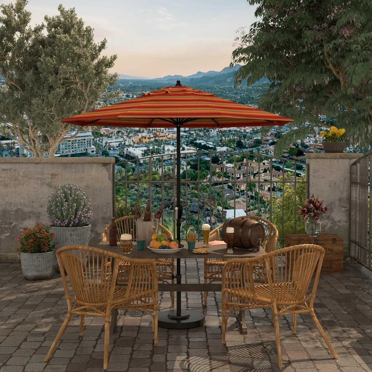 California Umbrella 7.5' Rd Aluminum Patio Umbrella, Crank Lift, Auto Tilt, Black Finish