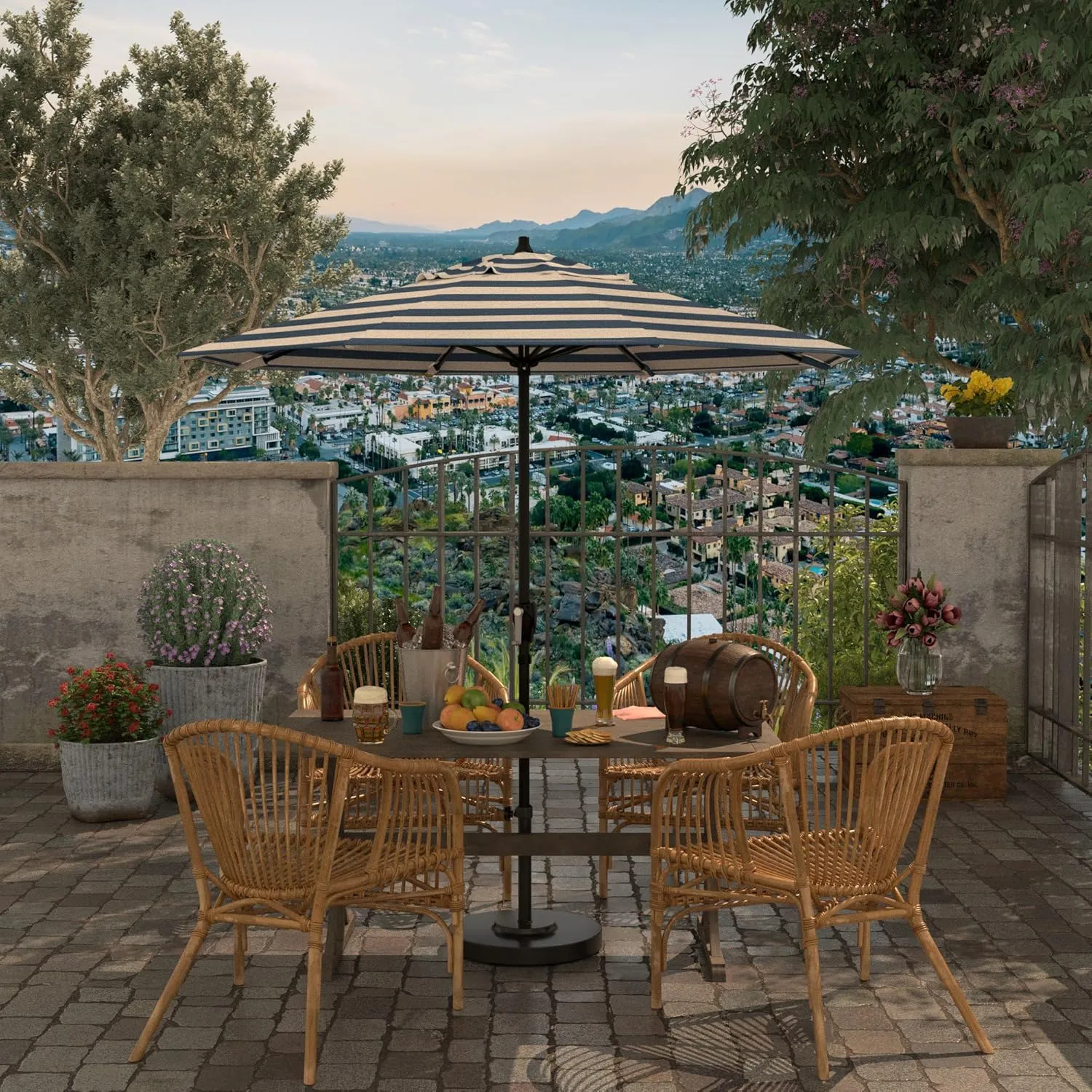 California Umbrella 7.5' Rd Aluminum Patio Umbrella, Crank Lift, Auto Tilt, Black Finish