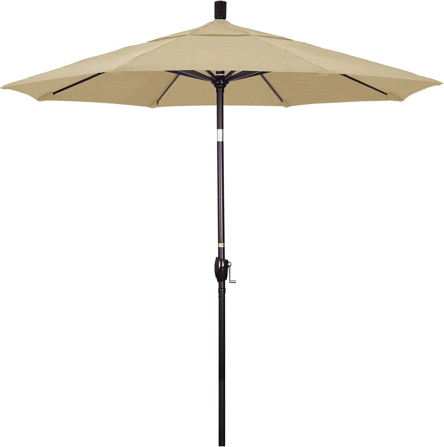 California Umbrella 7.5' Round Aluminum Market Umbrella, Crank Lift, Push Button Tilt, Bronze Pole, Olefin Champagne