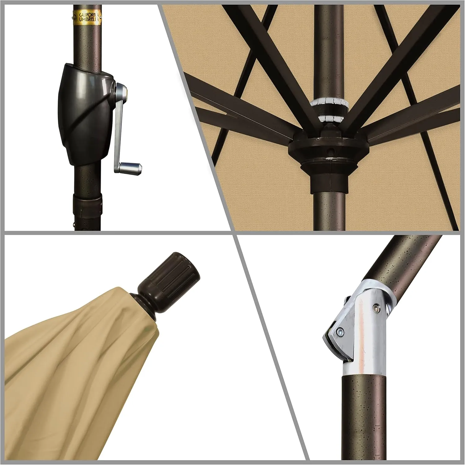 California Umbrella 7.5' Round Aluminum Market Umbrella, Crank Lift, Push Button Tilt, Bronze Pole, Olefin Champagne