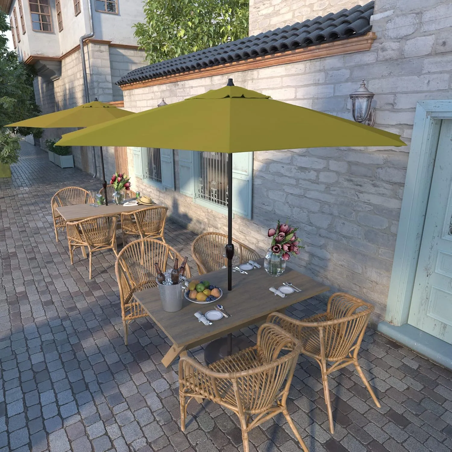 California Umbrella 9' Rd Sunbrella Aluminum Patio Umbrella, Crank Lift, Auto Tilt, Bronze Pole, Macaw