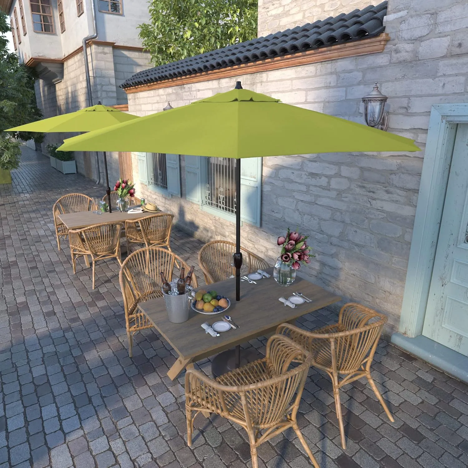 California Umbrella 9' Rd Sunbrella Aluminum Patio Umbrella, Crank Lift, Auto Tilt, Bronze Pole,Parrot Fabric