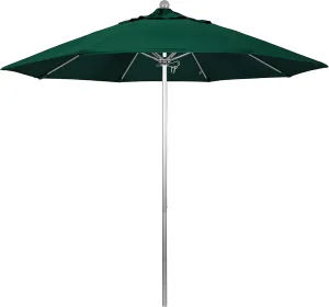 California Umbrella 9' Round Aluminum/Fiberglass Umbrella, Push Open, Silver Pole, Sunbrella Forest Green