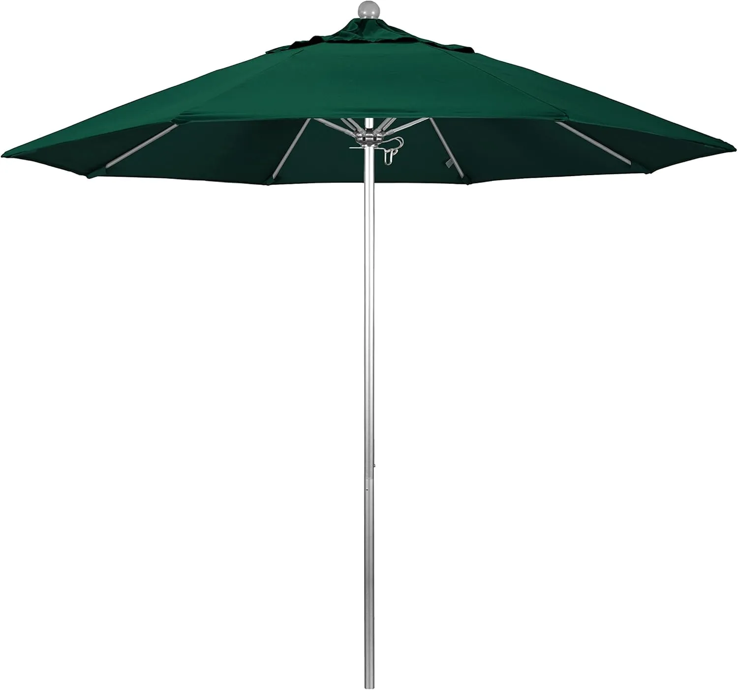 California Umbrella 9' Round Aluminum/Fiberglass Umbrella, Push Open, Silver Pole, Sunbrella Forest Green