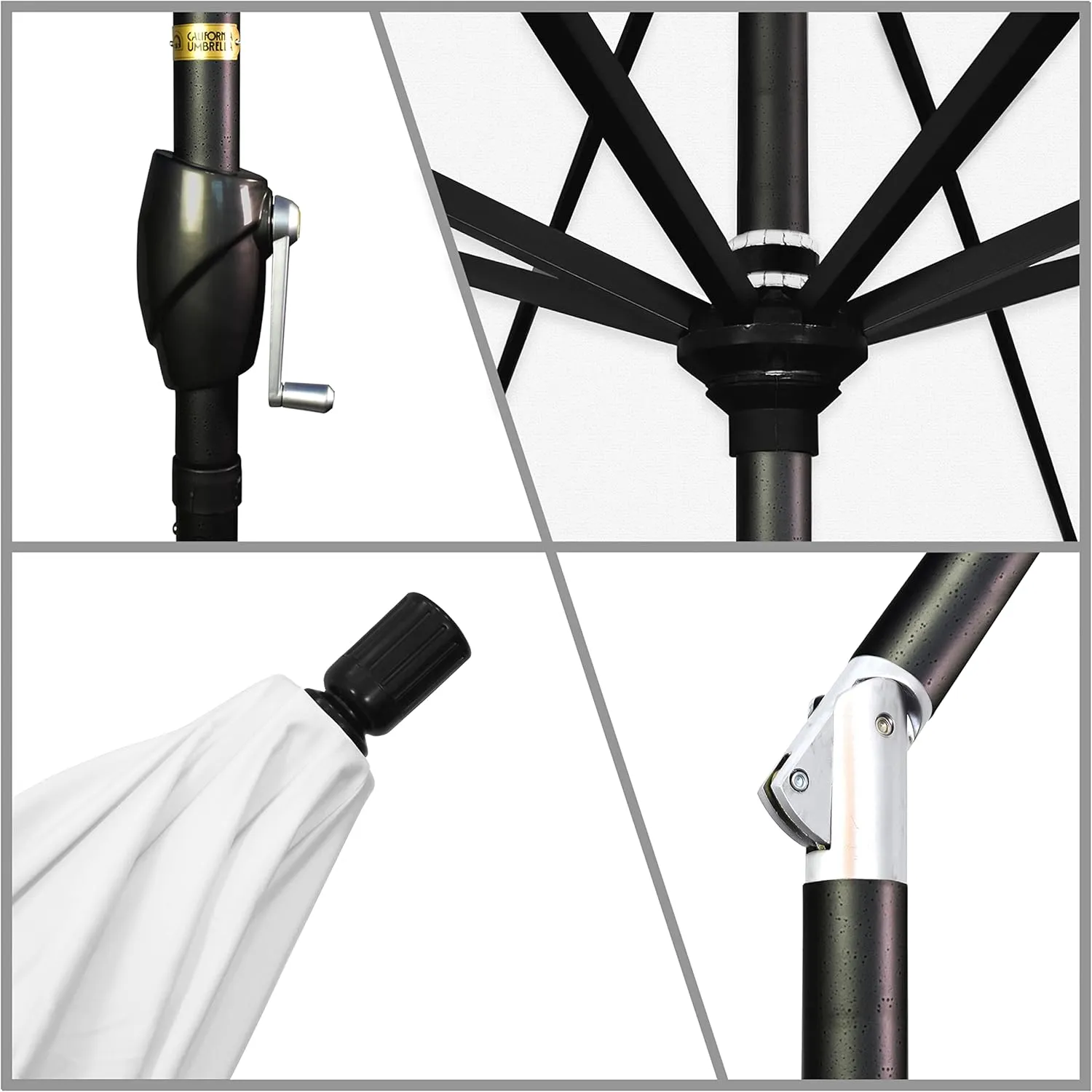 California Umbrella GSPT908302-F04 9' Round Aluminum Market, Crank Lift, Push Button Tilt, Black Pole, White Olefin Patio Umbrella, 9-Feet