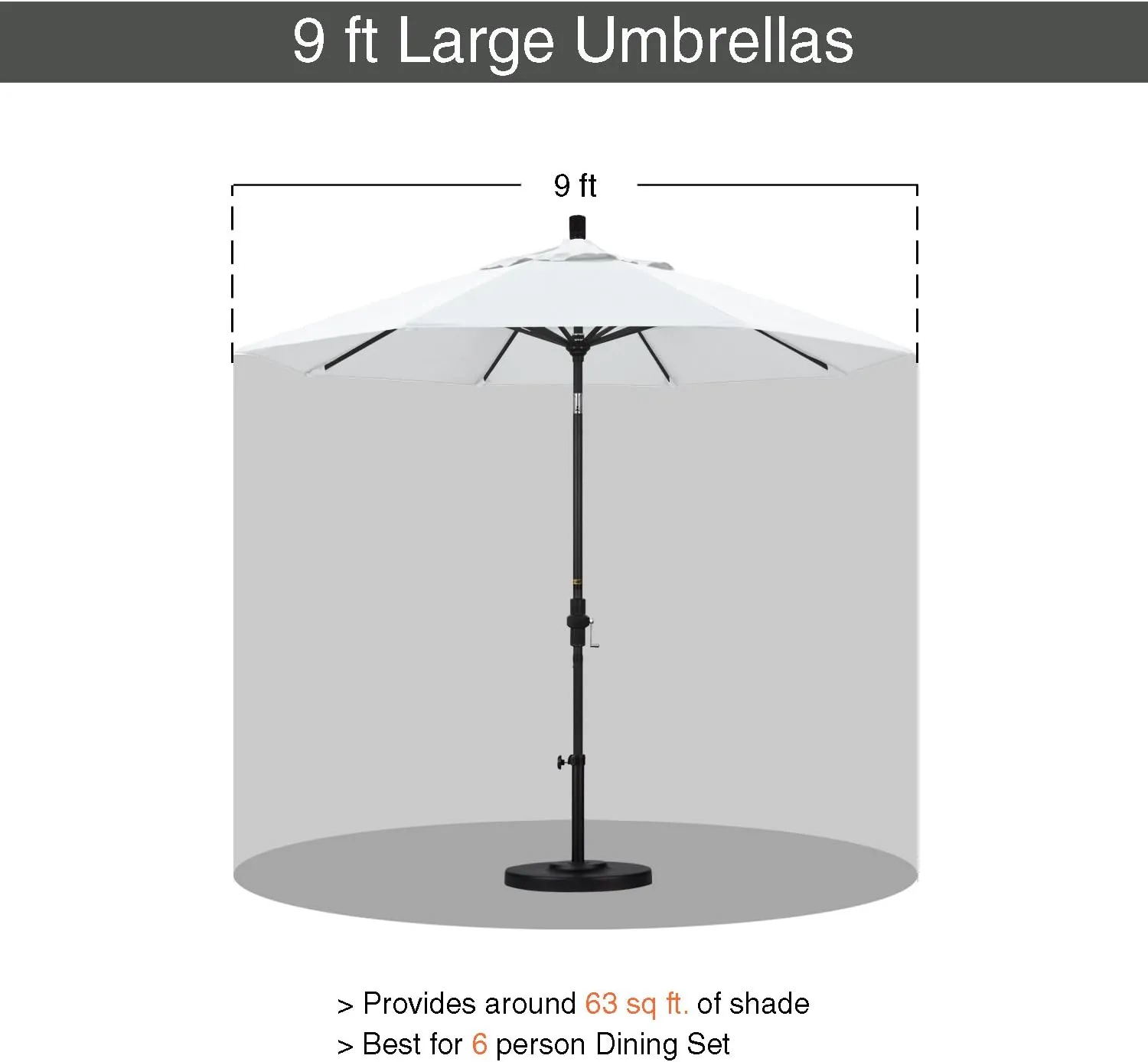 California Umbrella GSPT908302-F04 9' Round Aluminum Market, Crank Lift, Push Button Tilt, Black Pole, White Olefin Patio Umbrella, 9-Feet
