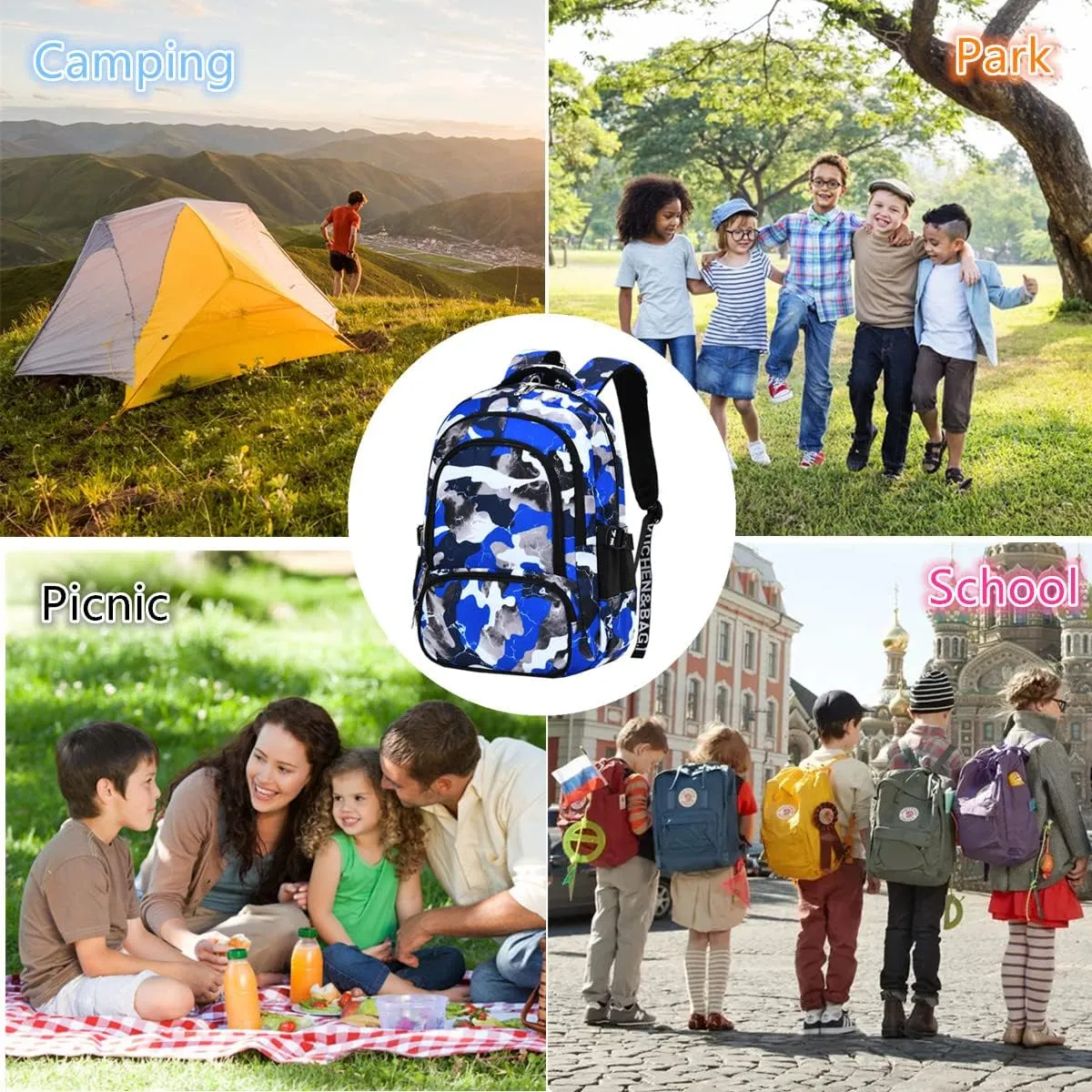Camo Backpack Set with Lunch Bag Lightweight Waterproof School Backpack Bookbag for Boys Girls