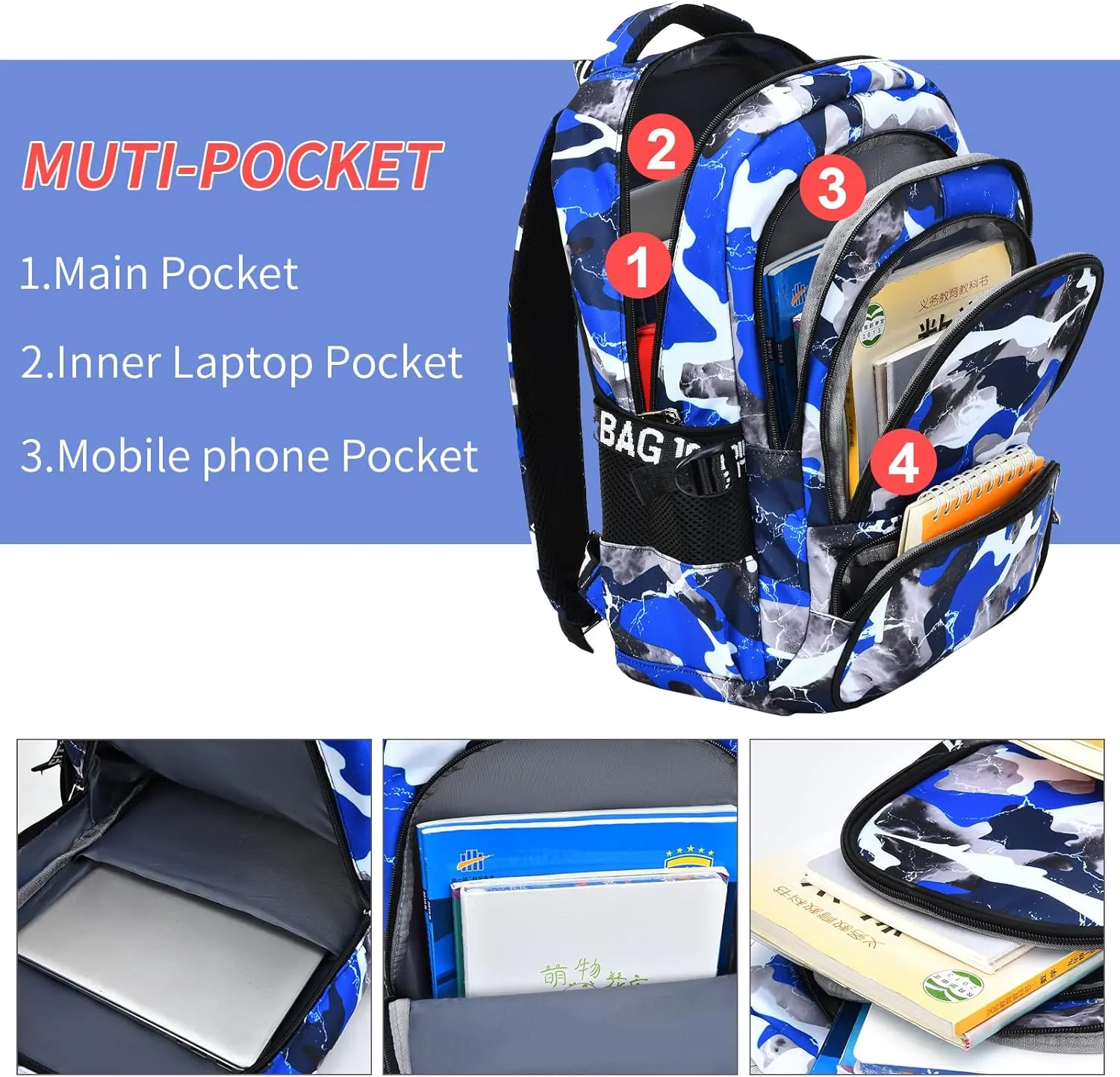 Camo Backpack Set with Lunch Bag Lightweight Waterproof School Backpack Bookbag for Boys Girls