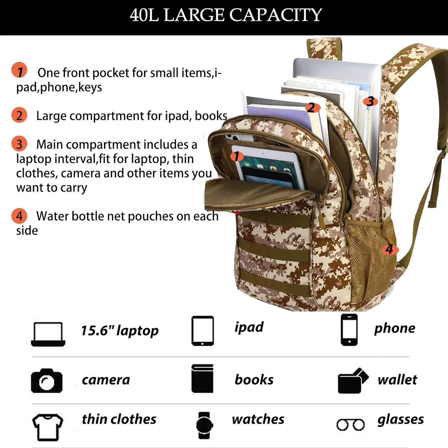 Camo Backpack,Boys Backpack for Scool Military,40L Army Bookbag Waterproof for Middle Elementary