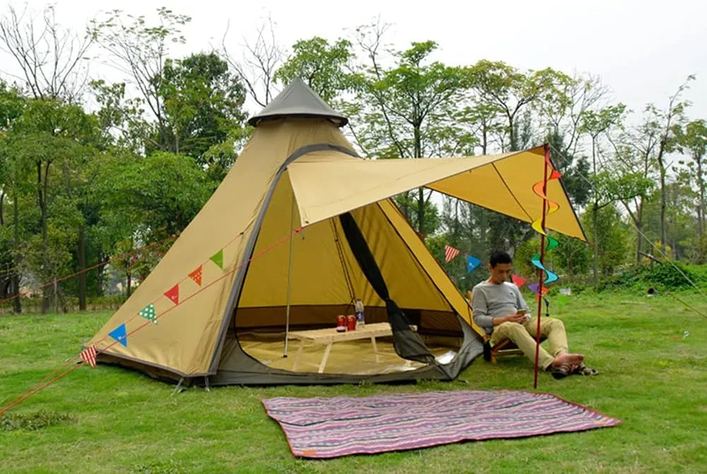 Camping Pyramid Teepee Tent Adult Tipi Tent Double Layers Indian Tent Yurt Tent Tower Post Bell Tent for Outdoor Family Trip