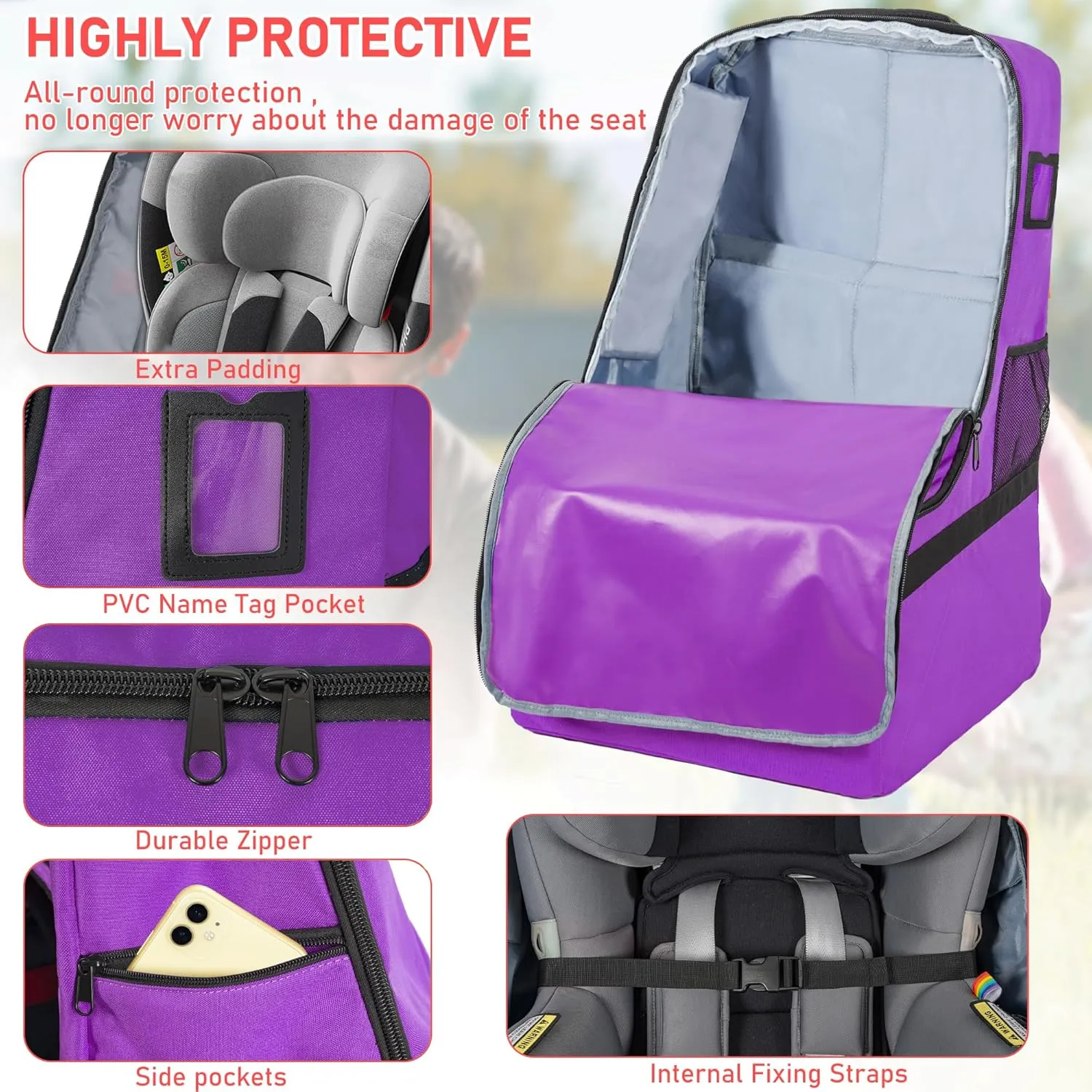 Car Seat Travel Bag Heavy Duty Car Seat Bag for Airplane Gate Check Car Seat Backpack with Shoulder Strap, Purple