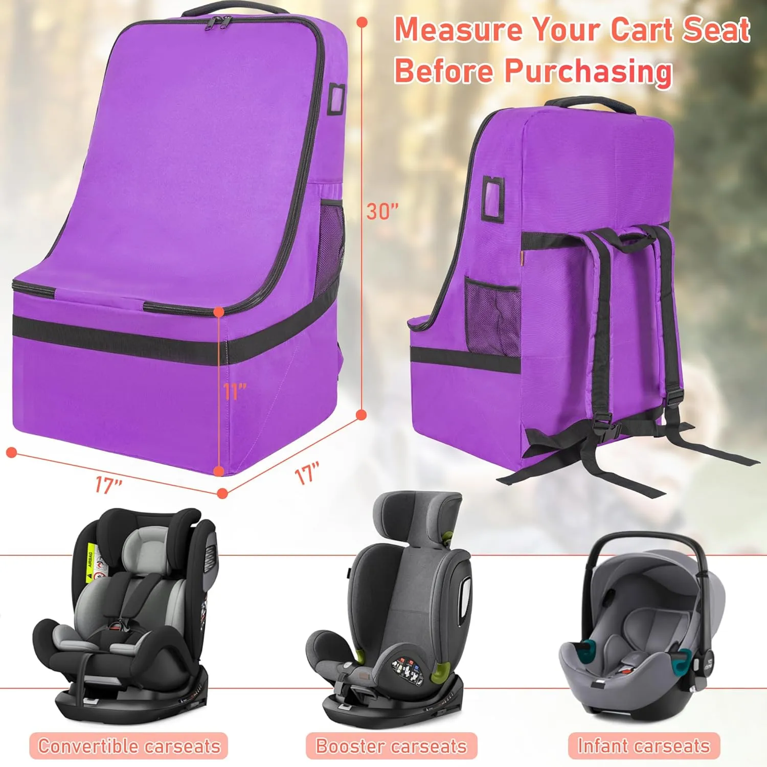 Car Seat Travel Bag Heavy Duty Car Seat Bag for Airplane Gate Check Car Seat Backpack with Shoulder Strap, Purple