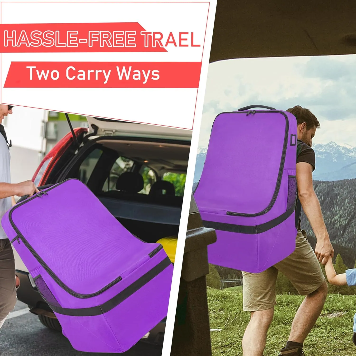 Car Seat Travel Bag Heavy Duty Car Seat Bag for Airplane Gate Check Car Seat Backpack with Shoulder Strap, Purple