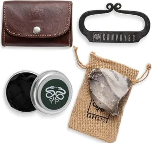 Carbon Steel Fire Striker, English Flint Stone & Char cloth Traditional Hand Forged Fire Starter, Leather Gift Kit with Emergency Tinder Jute Bag