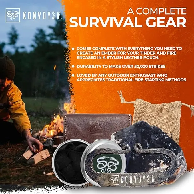 Carbon Steel Fire Striker, English Flint Stone & Char cloth Traditional Hand Forged Fire Starter, Leather Gift Kit with Emergency Tinder Jute Bag