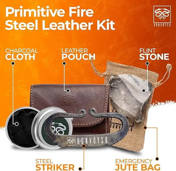 Carbon Steel Fire Striker, English Flint Stone & Char cloth Traditional Hand Forged Fire Starter, Leather Gift Kit with Emergency Tinder Jute Bag