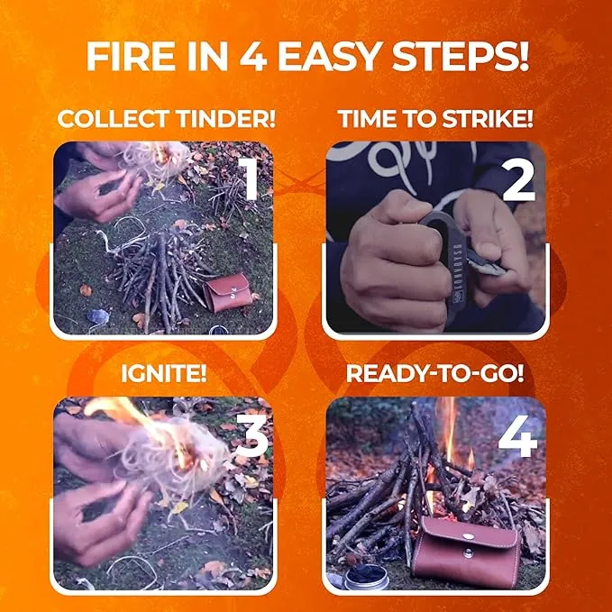Carbon Steel Fire Striker, English Flint Stone & Char cloth Traditional Hand Forged Fire Starter, Leather Gift Kit with Emergency Tinder Jute Bag