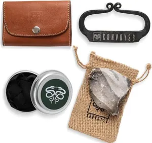 Carbon Steel Fire Striker, English Flint Stone & Char cloth Traditional Hand Forged Fire Starter, Leather Gift Kit with Emergency Tinder Jute Bag