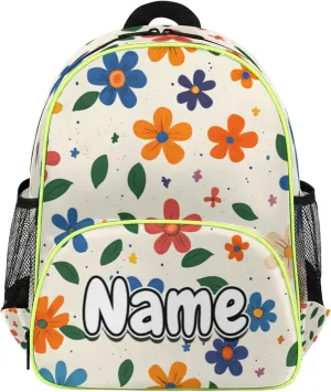 Cartoon Flowers Custom Backpack with Name Cute Personalized Small Shoulder Bag Waterproof Travel Casual Backpack with Chest Strap 14.2in