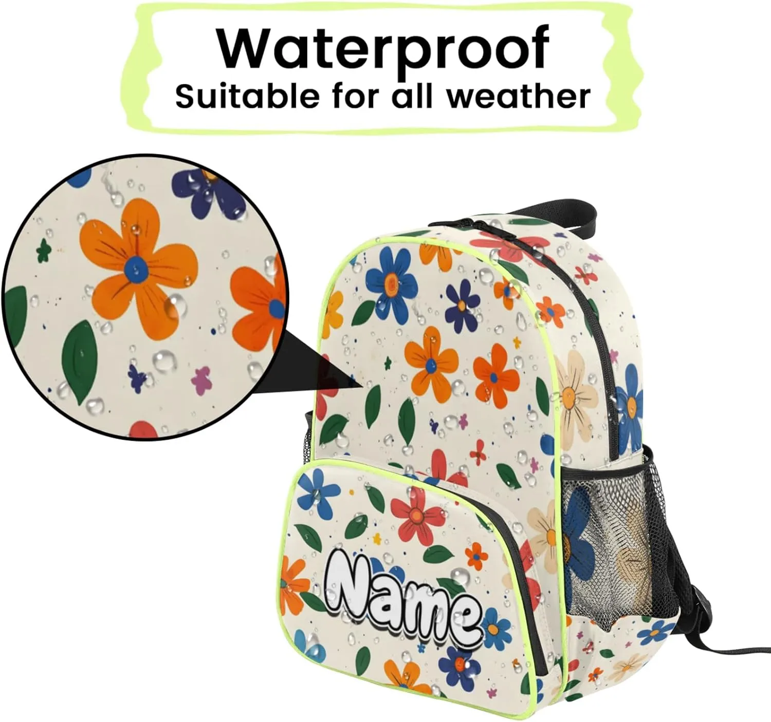Cartoon Flowers Custom Backpack with Name Cute Personalized Small Shoulder Bag Waterproof Travel Casual Backpack with Chest Strap 14.2in