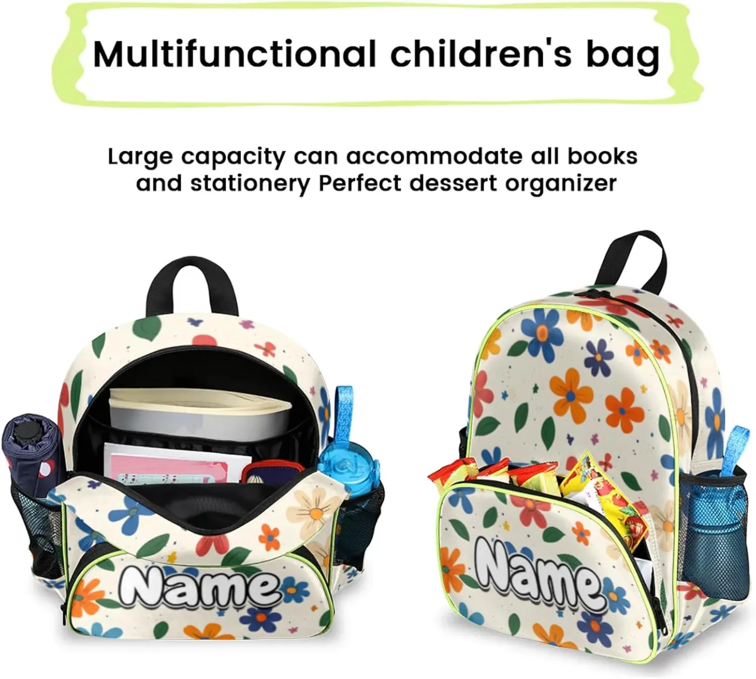 Cartoon Flowers Custom Backpack with Name Cute Personalized Small Shoulder Bag Waterproof Travel Casual Backpack with Chest Strap 14.2in