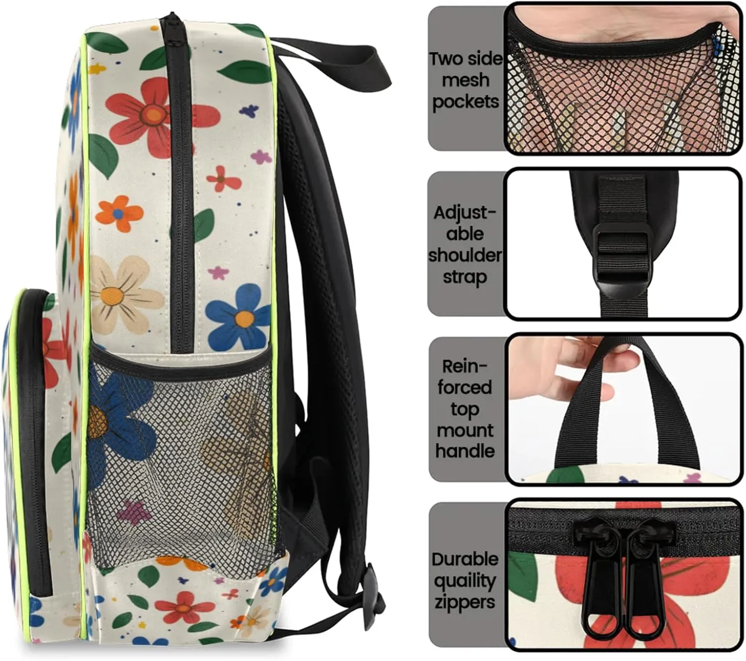 Cartoon Flowers Custom Backpack with Name Cute Personalized Small Shoulder Bag Waterproof Travel Casual Backpack with Chest Strap 14.2in