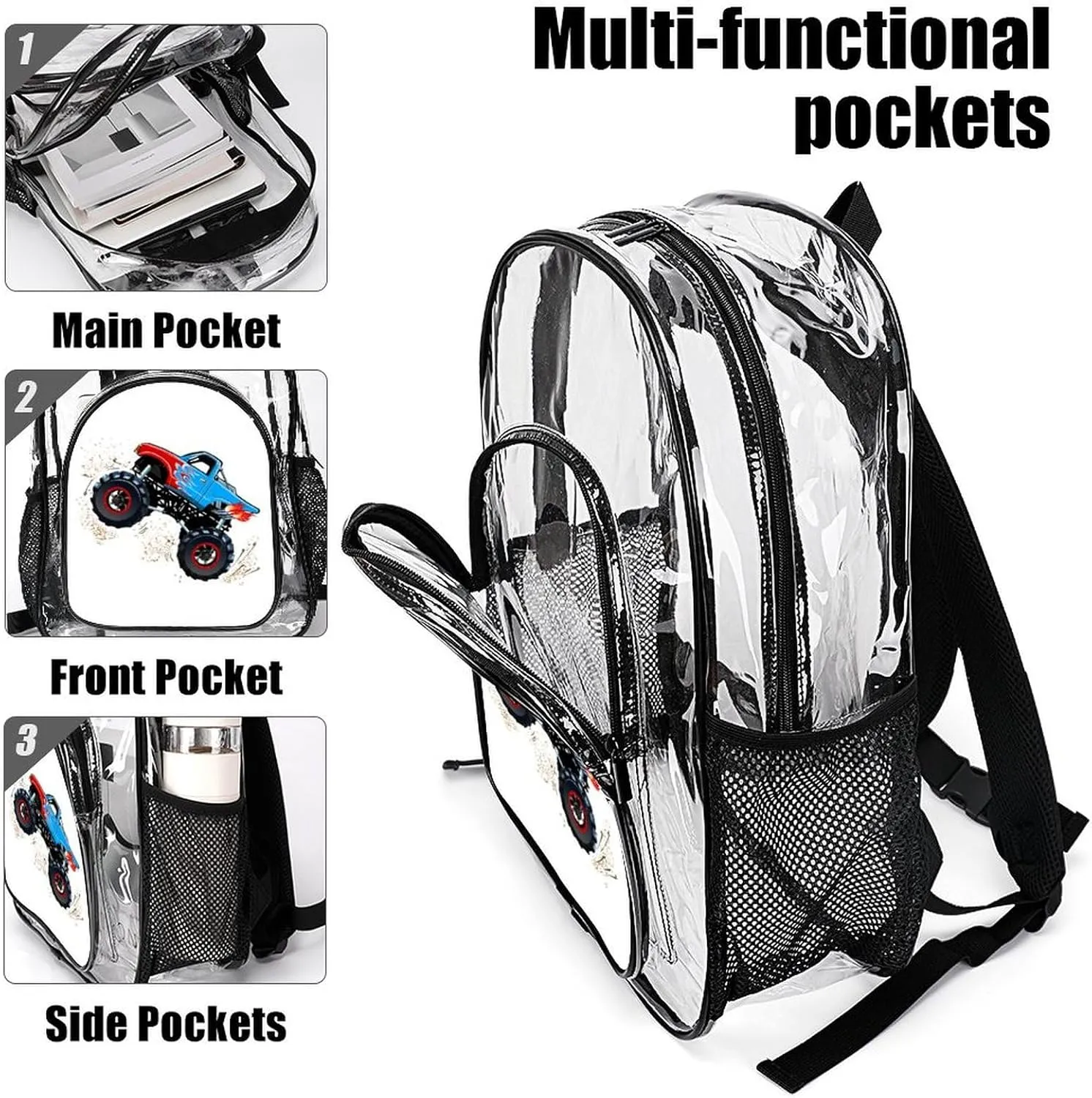 Cartoon Monster Truck Clear Backpack Heavy Duty Clear Backpack for Sport Event Concert Festival