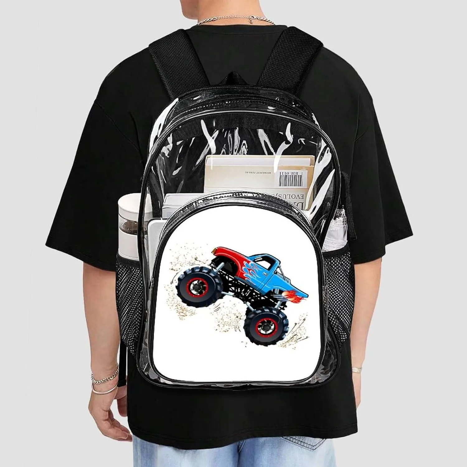 Cartoon Monster Truck Clear Backpack Heavy Duty Clear Backpack for Sport Event Concert Festival