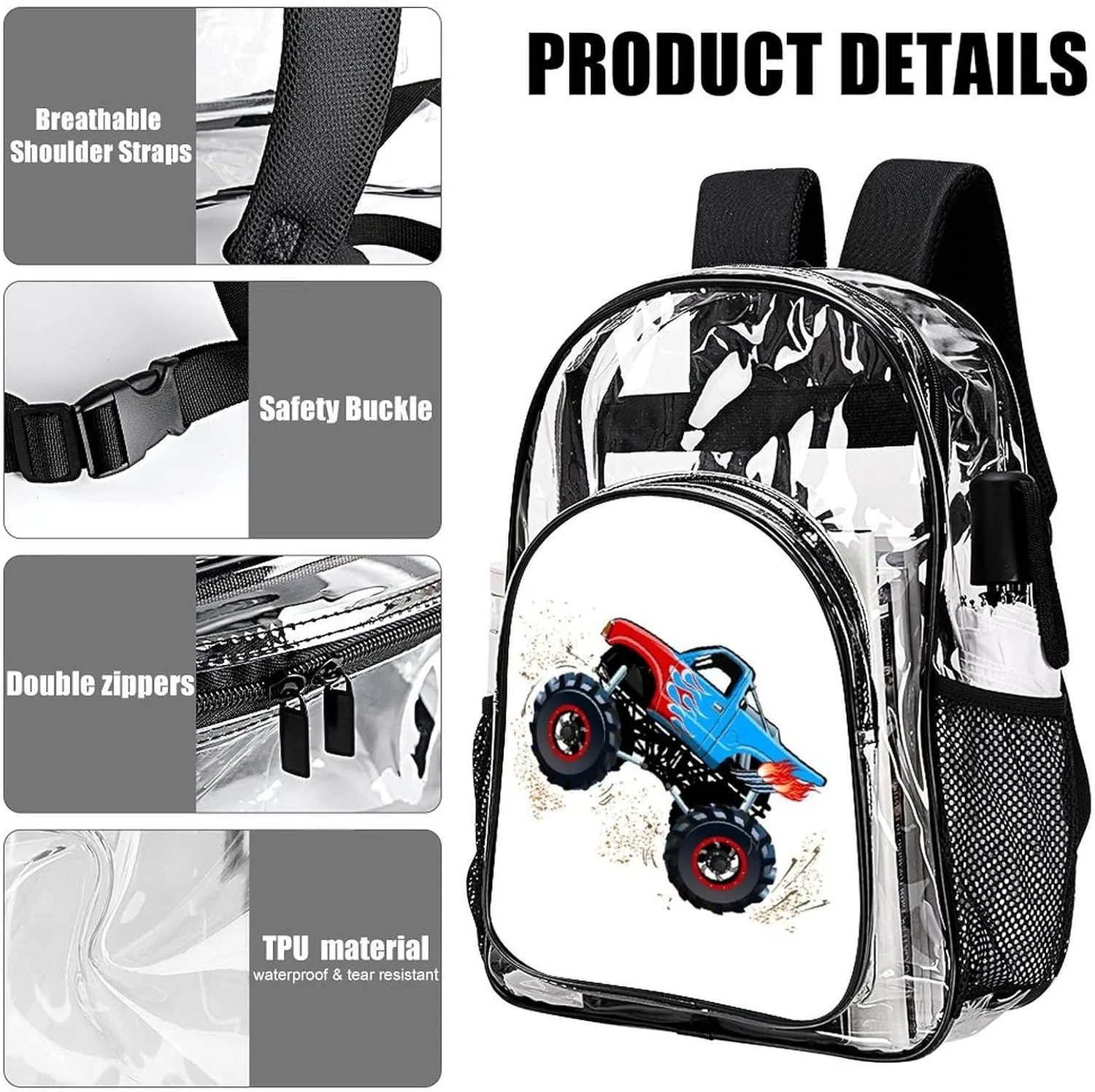 Cartoon Monster Truck Clear Backpack Heavy Duty Clear Backpack for Sport Event Concert Festival