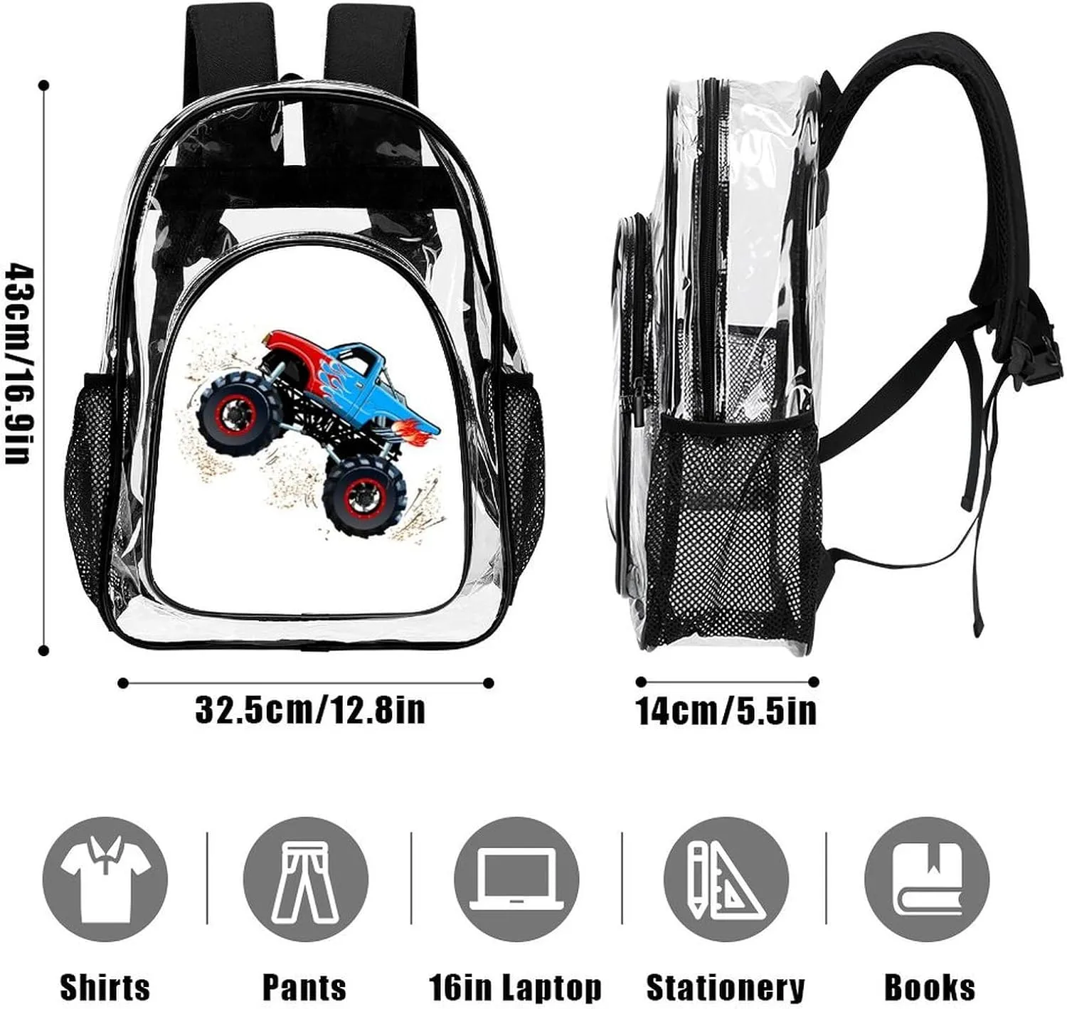 Cartoon Monster Truck Clear Backpack Heavy Duty Clear Backpack for Sport Event Concert Festival