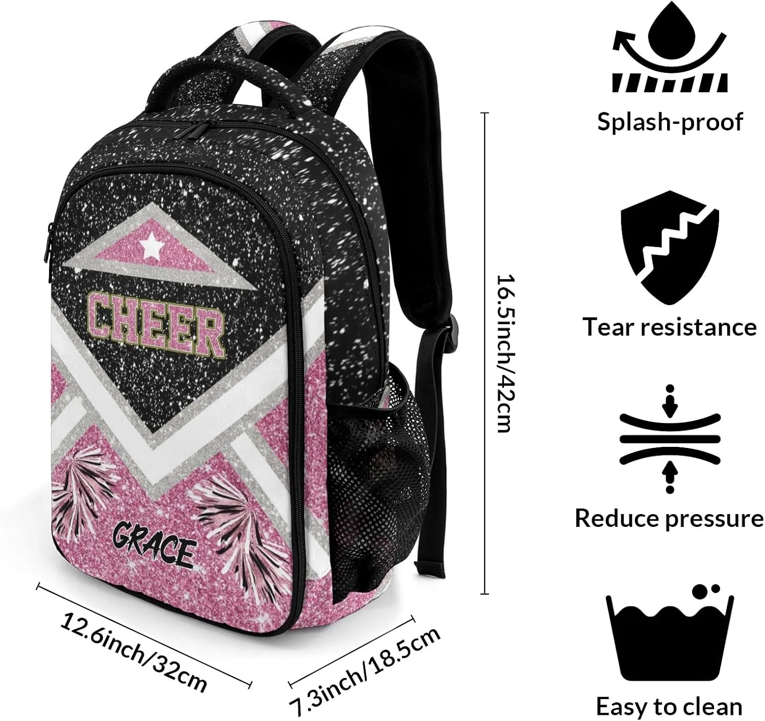 Cheer Cheerleader Black Pink School Bag Waterproof Shoulder Laptop Bags for Women Men Travel Hiking Gift