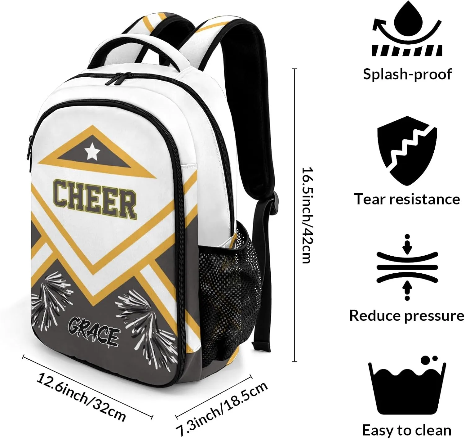 Cheer Cheerleader Grey School Backpack Waterproof Shoulder Laptop Bag for Sport Competition Training Coach Gift
