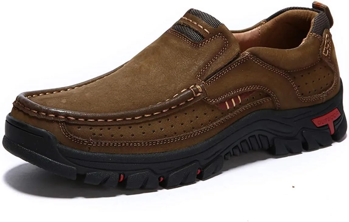 CHICLOVEY Men's Slip-on Hiking Shoes Leather Casual Outdoor Walking Sneaker