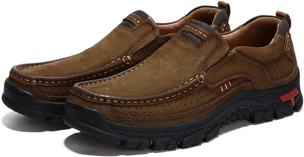 CHICLOVEY Men's Slip-on Hiking Shoes Leather Casual Outdoor Walking Sneaker